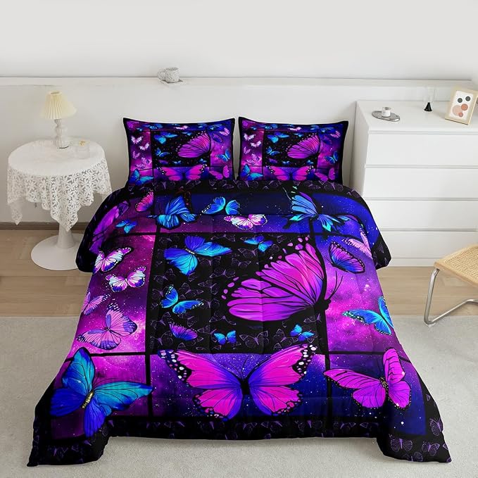 Erosebridal Butterfly Comforter Set Starry Sky Galaxy Comforter Blue Purple Butterfly Bedding Sets King for Kids Girls Teens Women Bed,Aesthetics Butterflies Quilt Duvet Set 2 Pillow Cases Room Decor - Image 5