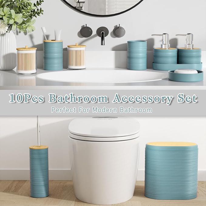 XLHOMO Light Blue Bathroom Set - 10PC Bathroom Accessories Set, Luxury Bathroom Accessory Set with Trash Can,Toilet Brush & 2 PC Soap Dispensers for Apartment Decor and Housewarming - Image 5