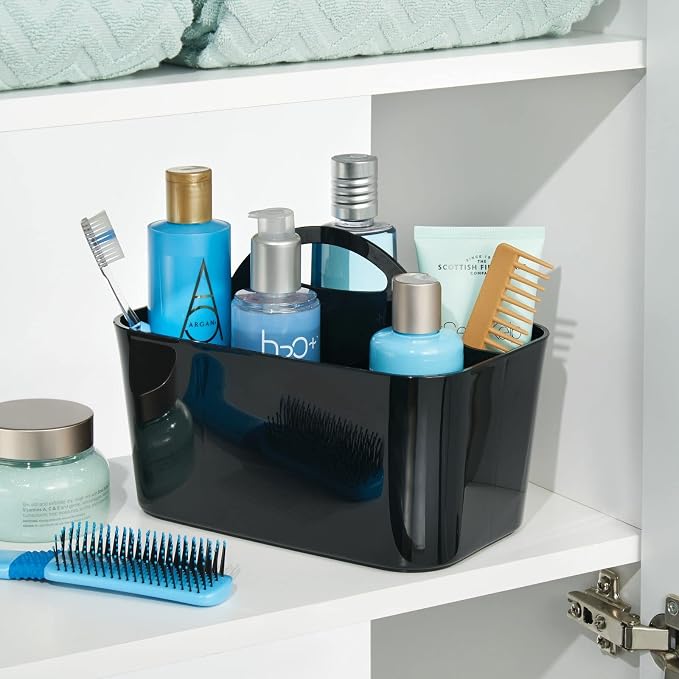 mDesign Small Plastic Shower/Bath Storage Organizer Caddy Tote with Handle for Dorm, Shelf, Cabinet - Hold Soap, Shampoo, Conditioner, Combs, Brushes, Lumiere Collection, Black - Image 3