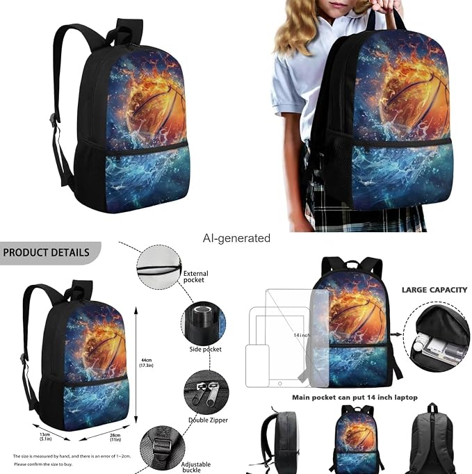 Galaxy Basketball Backpack for Boys Girls Backpack with Lunch Box Water Bottle Holder and Soft Pencil Case 4 in 1 Set Bookbag with Front Pocket for School 17 inch Sturdy School Bag for Kids - Image 3