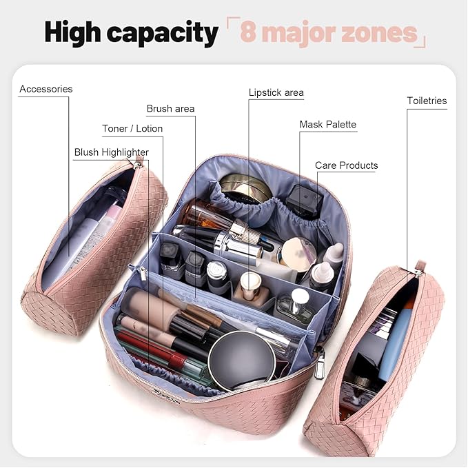 BOYATU Travel Makeup Bag Cosmetic Bags for Women: Large Capacity 3 Pcs Set Make up Bag with Compartments - Waterproof Vegan Leather Toiletry Organizer Bags with Handle (L04 Light Pink) - Image 4