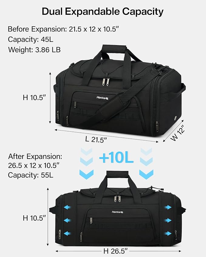 Hanke Duffle Bag for Travel, Dual Expandable 45L-55L Carry On Duffel, 3 In 1 Weekender Tote, Water Resistant Overnight Bag with 15.6" Compartment for Men Women, Black - Image 2