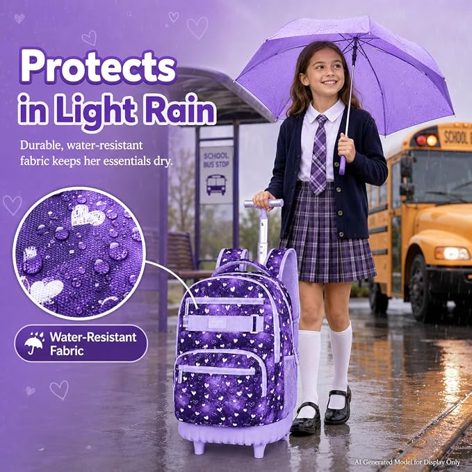 3Pcs Rolling Backpack for Girls, 19" Kids Wheeled Bookbag with Lunch Box, Roller Bag for Elementary Travel (Purple) - Image 3