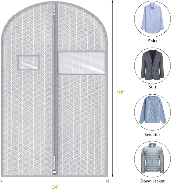 Syeeiex 40" Suit Bag, Set of 5 Garment Bags for Hanging Clothes, Suit Bags for Closet Storage, Garment Bags for Storage Suits,T-shirts, Jackets and Coats(Grey Arrow) - Image 2