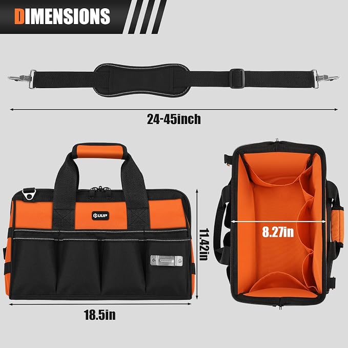 UUP 18" Large Tool Bag, Heavy Duty Spacious Tool Box Organizer, Orange | 16 Pockets & MOLLE. Detachable Strap & Handle. Non-slip Base, Metal Buckle. 30lb Holds Drill/Tool on Truck, Garage, Men Gift. - Image 2