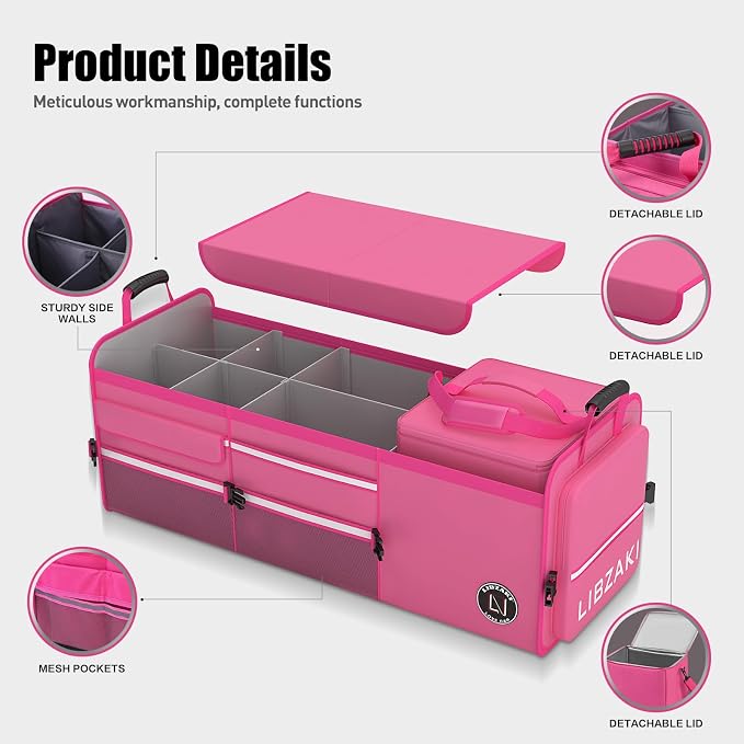 LIBZAKI Oversize 4 in 1 Car Trunk Storage Organizer, Multi Compartment Collapsible Trunk Storage Box with Cooler Bag for Car Truck SUV-Rose red - Image 4