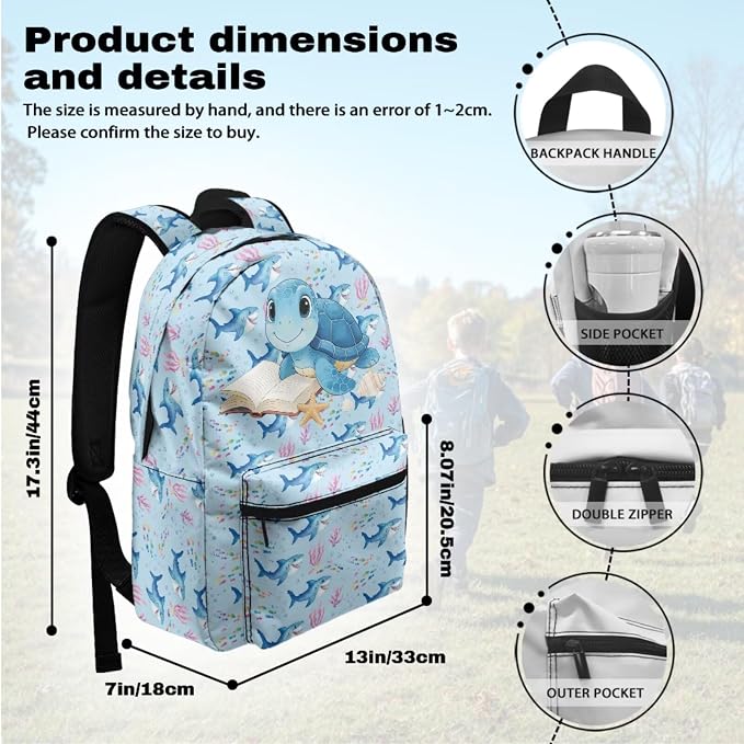 Learning Sea Turtle Backpacks for Girls School Cute Bookbag with Lunch Box Backpack for Boys Set of 4 Back to School Supplies for Elementary 8-12 Kids Bookbag for Daily - Image 3