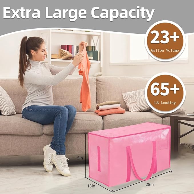 6 Pack-Extra Large Heavy Duty Moving Bags - Waterproof Storage Totes with Handles & Zippers, Foldable for College Dorm, Storage (Pink) - Image 3