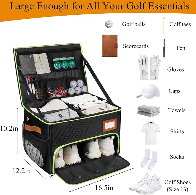 2 Layer Golf Trunk Organizer, Golf Organizer with 2 Pairs Shoes Compartment, Golf Storage Waterproof Car Trunk Locker for Balls, Caps, Clothes, Gloves, Accessories, Gifts for Golfers - Image 2