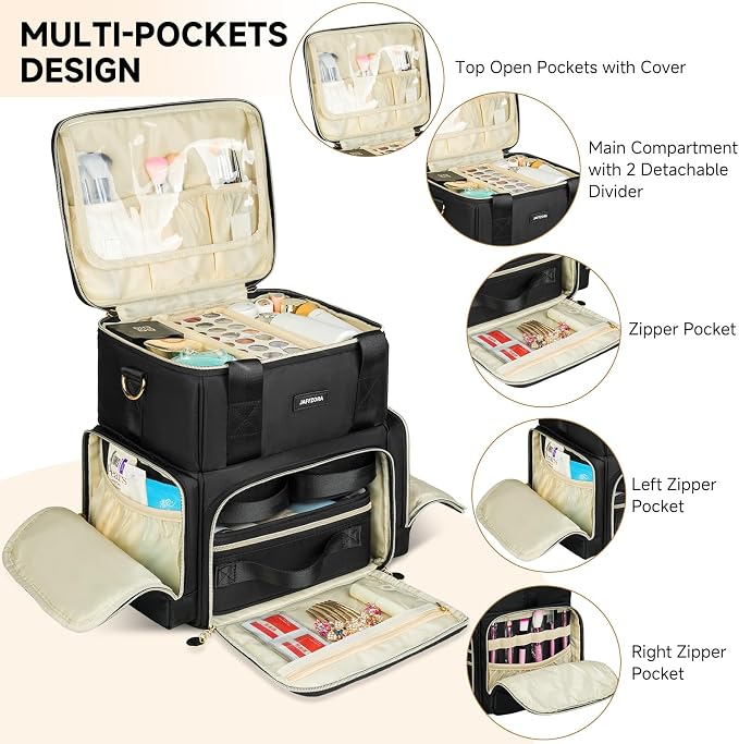 Extra Large Makeup Bag with 3 Removable Cases, Double Layers Travel Cosmetic Storage Organizer Bag with Detachable Dividers, Black - Image 3
