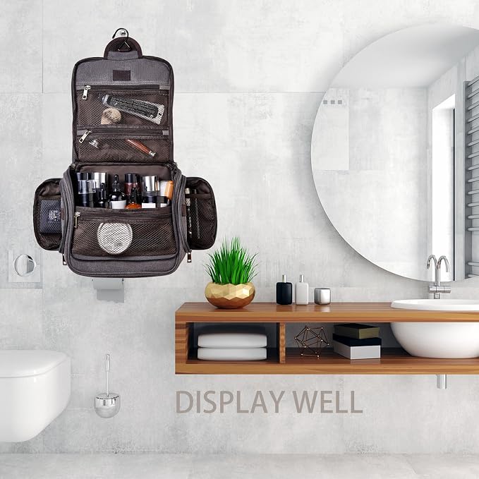 Canvas Toiletry Bag for Men Shaving Dopp Kit Bulk Travel Hanging Makeup Organizer with Sturdy Metal Hook Portable Cosmetic Bag for Women with Large Capacity Grey - Image 2