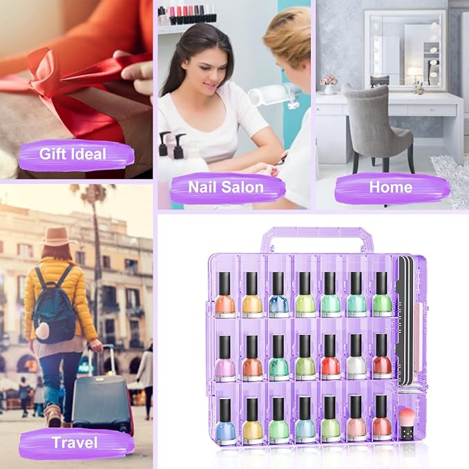 JIASHENG Nail Polish Organizer Case Holders 48 Bottles Nail Storage Box | Double Side Adjustable Space Divider for Acrylic Nail Gel Dip Powder Tips Set with Toe Separator, Purple - Image 6