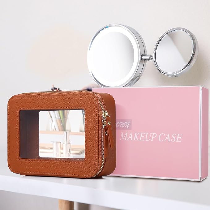 Clear Makeup Bag Women's Waterproof Travel Cosmetic Case and Toiletry Bag Portable Makeup Organizer Bag for Car with Zipper (Brown, M) - Image 7