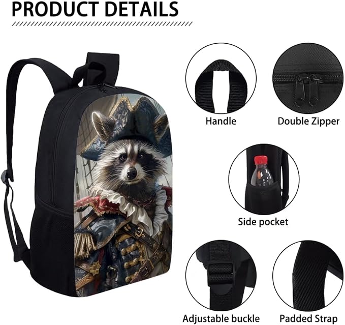 17 Inch Animal Print School Backpack And Lunch Box Set for Kids Lightweight Racoon As Pirate Backpack for Boys Girls Sturdy School Bag with Insulated Lunchbox Pencil Case Student Bookbag - Image 4