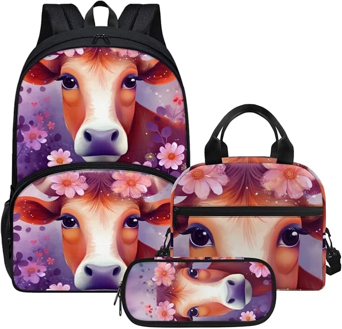 Purple Floral Cow Backpack with Lunch Box and Pencil Case Girls Comfy Padded Cute School Backpack Set of 3 Bookbag for Student Lightweight Large Capacity Daypack by Parprinty