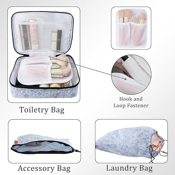 U+U 8 Set Compression Packing Cubes - Ultralight Travel Organizers with Laundry Bag and Cosmetic Bag, Space-Saving Suitcase Organizer for Travel, Business Trip and Family Vacation (Blue Flower) - Image 4