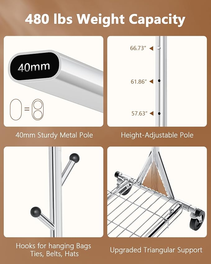Hoctieon 1-Minute Assembly Clothes Rack, 480 lbs Heavy Duty Rolling Clothing Racks with Wheels, Foldable Garment Rack, Extendable Hanging Bar, Adjustable Metal Pole with Hooks, Chrome - Image 8