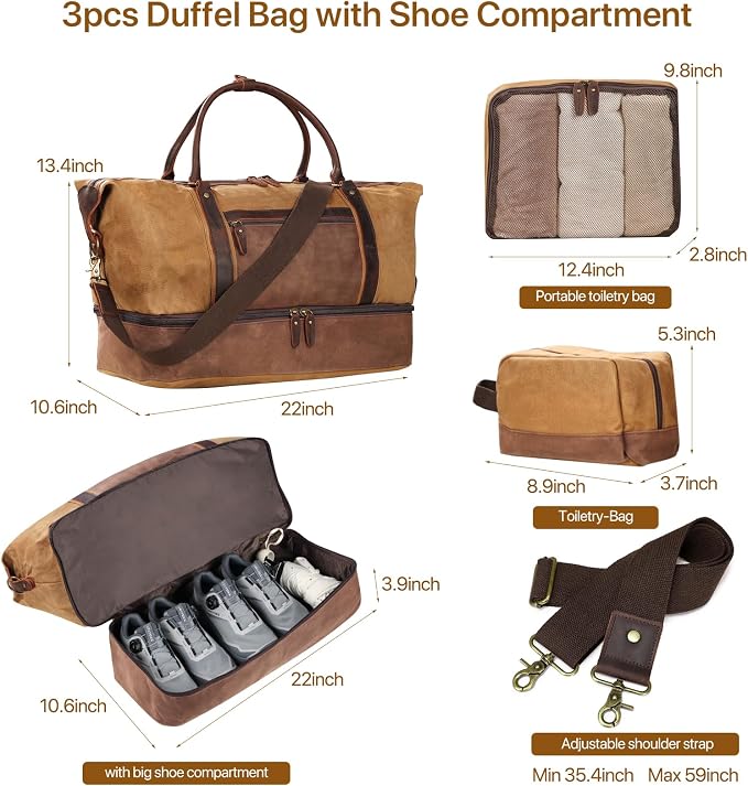 Waxed Canvas Duffel Bag with Shoe Compartment | 3-Piece Oversized Weekender Set Genuine Leather Trim Vintage Travel Carry-On Overnight Bag - Image 3