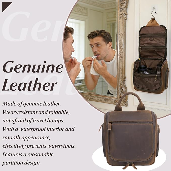 Versatile Genuine Leather Travel Hanging Toiletry Bag, A Dark Brown Hanging Makeup Organizer for Men or Women, Water-resistant Shaving Kit Bag Suitable for Camping and Travel Trips - Image 5