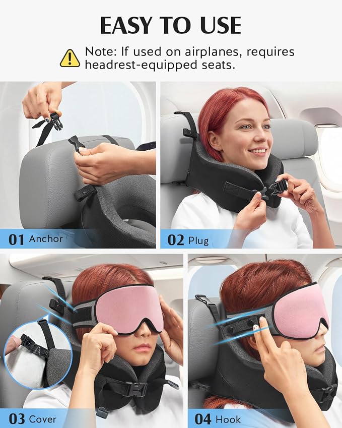 YFONG Travel Pillow for Long Flight Airplanes, Head Strap Combo with 3D Contoured Eye Mask for Sleep, Neck Pillow for Car Trip Essential, 360° Support Memory Foam Headrest, Prevent Head Bobbing, Pink - Image 6