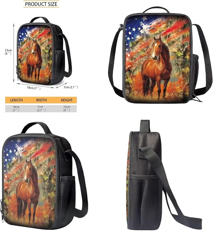 Patriotic American Flag Horse Print Children's Schoolbag Set Independence Day, Lightweight Knapsack Set with Lunch Box and Pen Bag, Large Durable Backpack Set for Primary and Middle School - Image 6