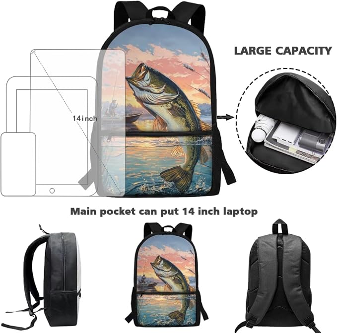 Bass Fishing Boys Backpack with Insulated Lunch Bag 4 Piece Set, Outdoor Fishing Camping School Bag for Boys Ages 6-12, Keep Food Fresh All Day 17 Inch Waterproof Bookbag - Image 4