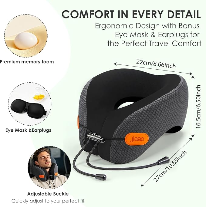Ergonomic Travel Pillow,100% Memory Foam Travel Neck Pillow For Airplanes | 360 Neck & Chin Support Airplane Pillow For Long Flights,Airplane Travel Essentials With 3d Eye Mask, Earplugs,Carry Case - Image 3