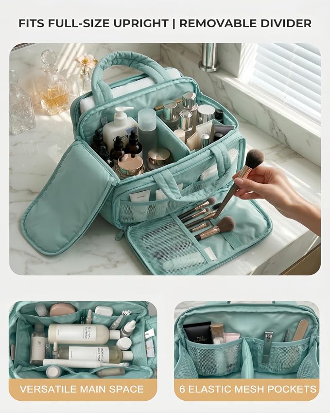 VPBAGE Large Quilted Toiletry Bag for Women, Puffy Travel Makeup Organizer with Removable Divider & Shoulder Strap, Waterproof Standing Cosmetic Case for Full-Size Toiletries, Gym, Vacation - Image 2