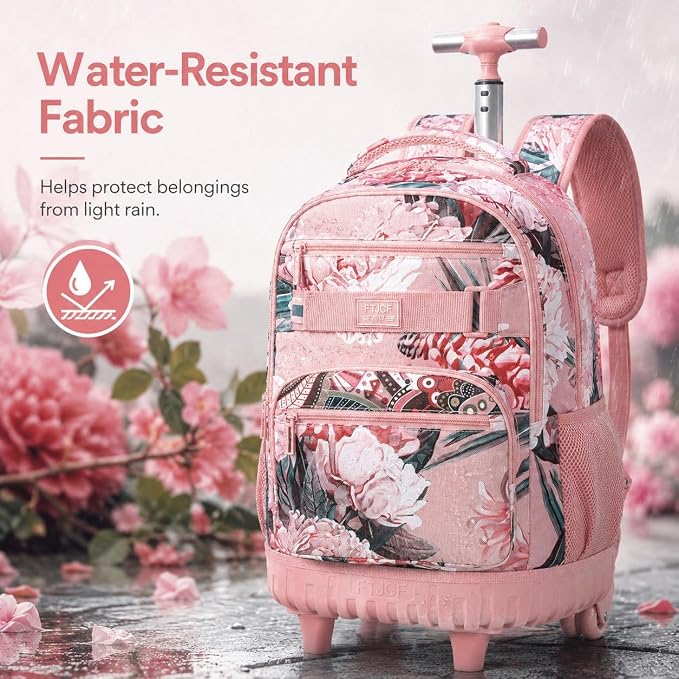 3Pcs Rolling Backpack for Girls Women, 19 Inche Adults Roller Bag with Wheels, Flower Wheeled Bookbag with Lunch Box(Pink) - Image 3