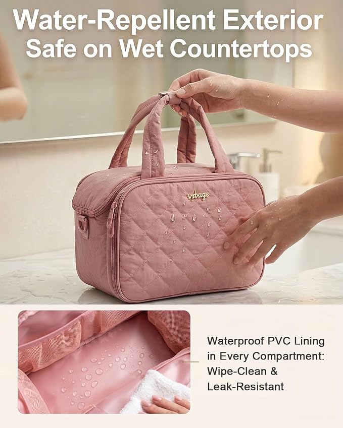 VPBAGE Large Quilted Toiletry Bag for Women, Puffy Travel Makeup Organizer with Removable Divider & Shoulder Strap, Waterproof Standing Cosmetic Case for Full-Size Toiletries, Gym, Vacation - Image 3