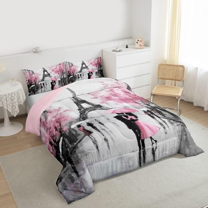Paris Comforter Set French Eiffel Tower Bedding Sets King For Girls Kids Women Paris Themed Bedroom Decor Watercolor Cherry Blossoms Couple Comforter Retro Valentine Quilt Duvet Pink Grey 3 Pcs - Image 3