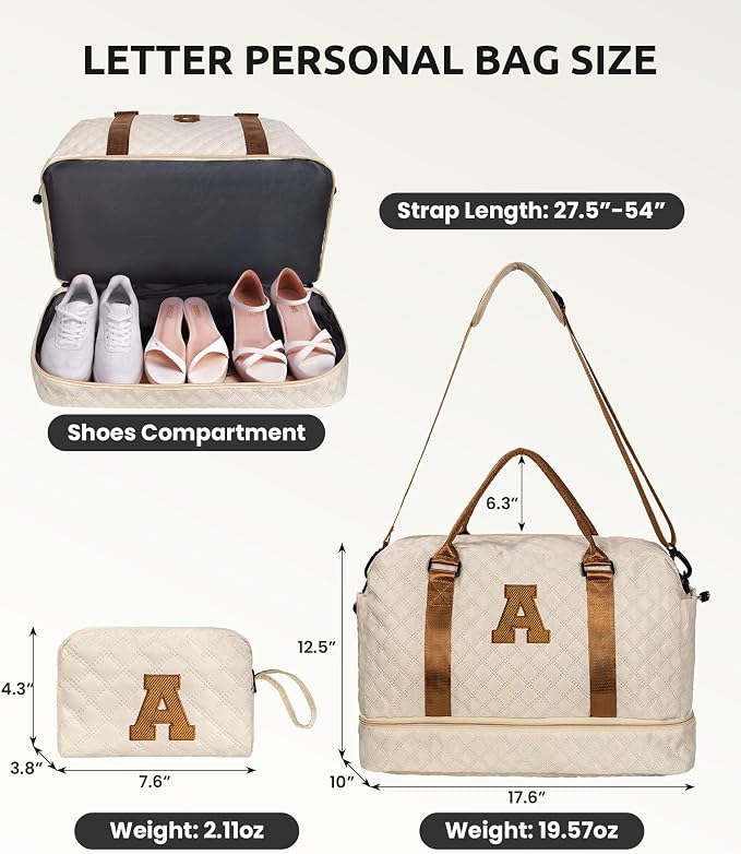 Gifts for Mom-Initial Duffle Bag with Shoe Compartment, Personalized Weekender Bag, Monogram Overnight Bag, Letter Travel Bag with Makeup Bag，Personalized Gifts Idea for Women Her (Letter F) - Image 2