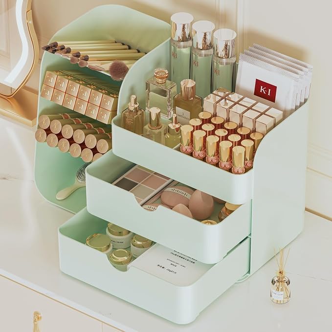 Makeup Organizer with Drawers, Large Capacity Countertop Organizer for Vanity, Bathroom and Bedroom Desk Cosmetics Organizer, Easy To Storage Skincare, Brushes, Eyeshadow, Lipstick (All Green) - Image 2