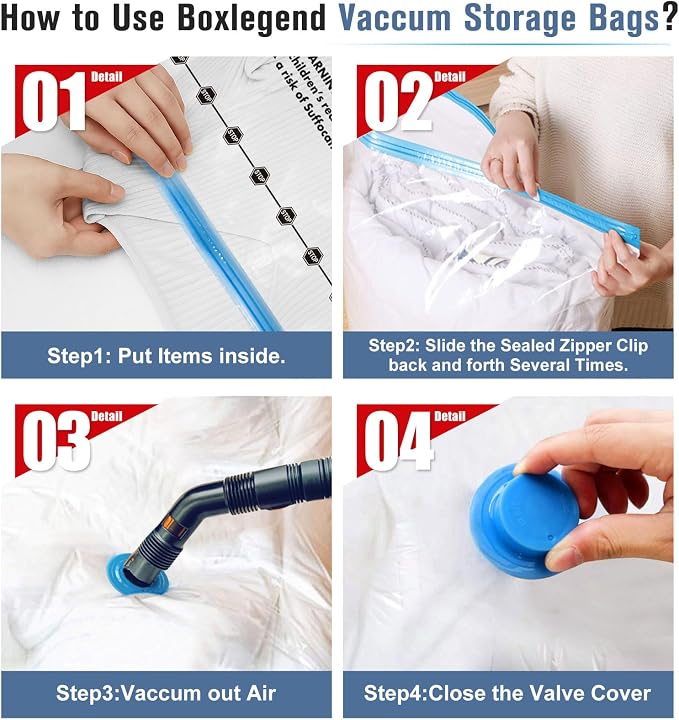 BoxLegend Vacuum Bag 6 Pieces, 3L*80x60cm +3S*60x40cm,Vacuum Storage Bag Travel Vacuum Reusable Garment Bag for Clothing Duvets Bed Wash Pillow Wool Blankets - Image 5