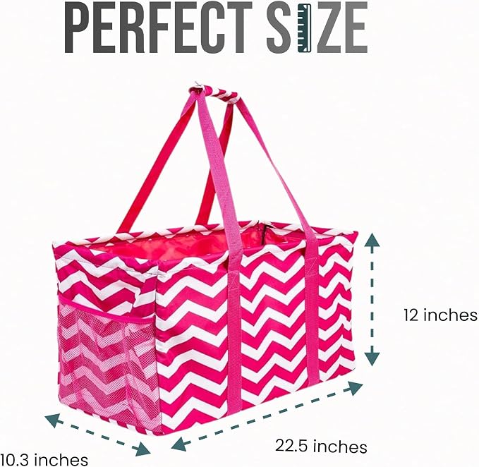 Extra Large Utility Tote Bag, Oversized Collapsible Reusable Wire Frame Rectangular Canvas Basket With Two Exterior Pockets For Beach, Pool, Laundry, Car Trunk, Storage - Chevron Pink - Image 4