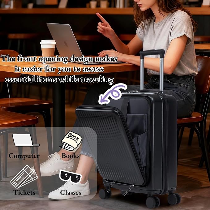 2 Pcs ABS Spinner Luggage Set - 14" Cosmetic Case & 20" Carry-On with Combination Lock, Front Opening Design, Black - Image 3