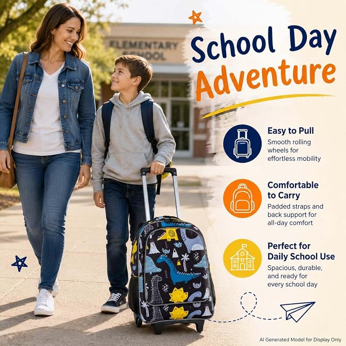 AGSDON 3PCS Rolling Backpack for Girls Boys, Kids Roller Wheels Bookbag, Wheeled School Bag with Lunch Bag - Image 7