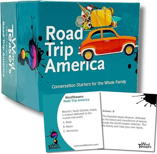 ? WORD TEASERS Road Trip America - Road Trip Game & Conversation Starter - Family Trivia Game About Places to Visit in The United States - Conversation Cards/Travel Car Games - 150 Questions