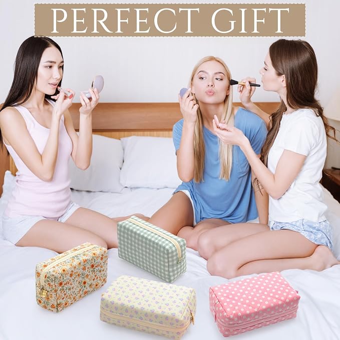 Paterr 10 Pcs Quilted Makeup Bag Bulk Cotton Floral Cosmetic Bag Women Girls Bridesmaid Gifts Cute Makeup Pouch Coquette Aesthetic Travel Toiletry Organizer(Plaid Style,7.87 x 4.72 x 3.15 Inches) - Image 6