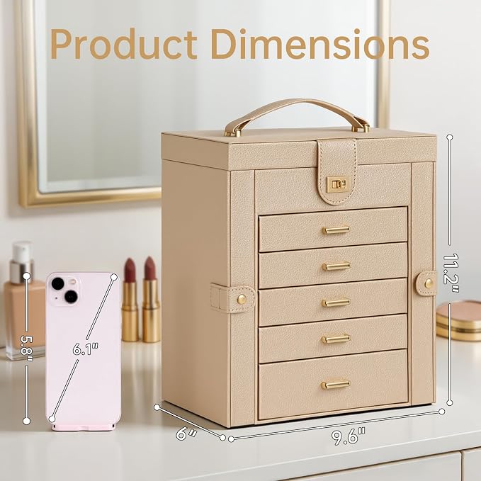 AKOZLIN 6-Tier Jewelry Box Organizer Functional 5 Drawers Leather Jewelry Storage Case for Women Girls Ring Necklace Earring Bracelet Holder Organizer with Mirror Medium Champagne - Image 6