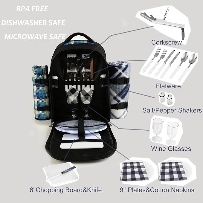 apollo walker Picnic Backpack Bag for 2 Person with Cooler Compartment, Detachable Bottle/Wine Holder, Fleece Blanket, Plates and Cutlery Set - Image 3