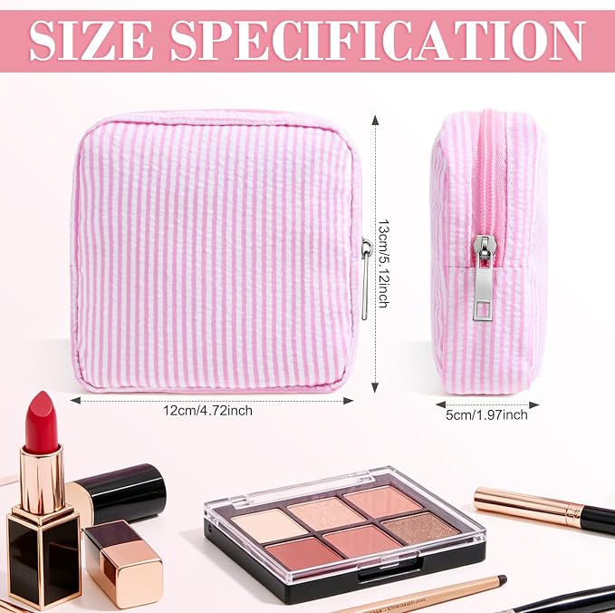 Giesiery 8 Pcs Seersucker Makeup Bags Striped Cosmetic Bags Bulk Organizer for Women Preppy Travel Toiletry Pouch for Wedding Bridesmaid Gifts (Pink, Mini) - Image 2