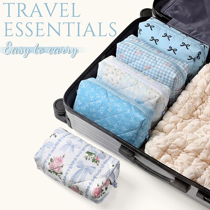 Paterr 10 Pcs Quilted Makeup Bag Bulk Cotton Floral Cosmetic Bag Women Girls Bridesmaid Gifts Cute Makeup Pouch Coquette Aesthetic Travel Toiletry Organizer(Blue Bow,6.30 x 3.94 Inches) - Image 6