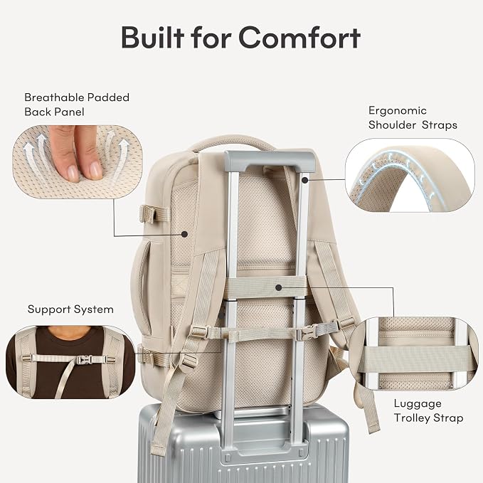mibasies 40L Travel Backpack for Women & Men: Carry On Luggage Flight Approved, TSA Laptop Backpack with Water Bottle Pocket, Personal Item Bag Fits 17" Laptop for Weekender Business - Camel - Image 8