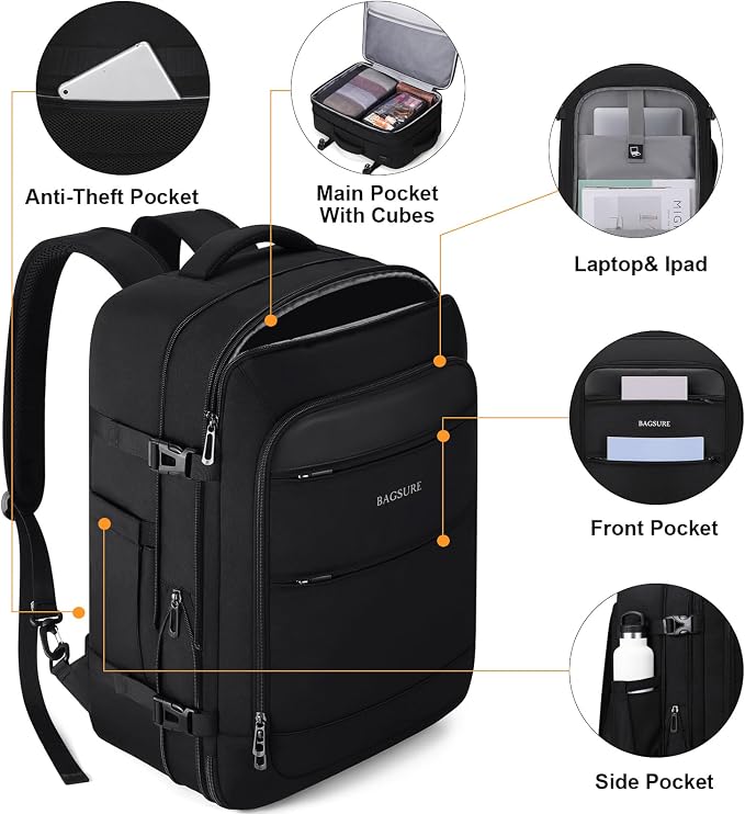 Bagsure Travel Backpack Carry On Backpack 42L Flight Approved, Expandable Laptop Backpack with Packing Cubes & Shoe Pocket, Water Resistant Luggage Backpack for Men Women, Large Backpack 20 * 14 * 7" - Image 5