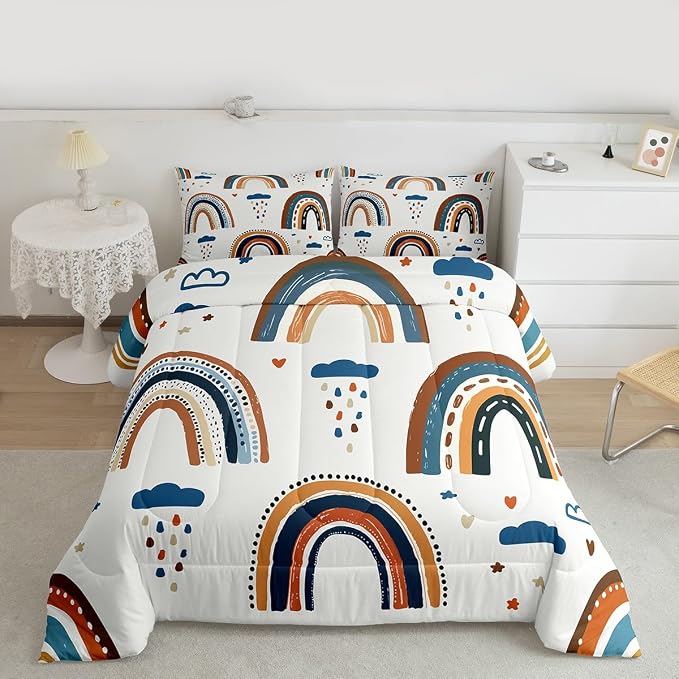 Rainbow Quilt Twin Size, Kawaii Cartoon Cloud Duvet Insert For Girls Kids Boys Children Bedroom,Iridescent Stripes Girly Comforter Set Colourful Cute Love Heart Down Comforter With 1 Pillow Case - Image 3