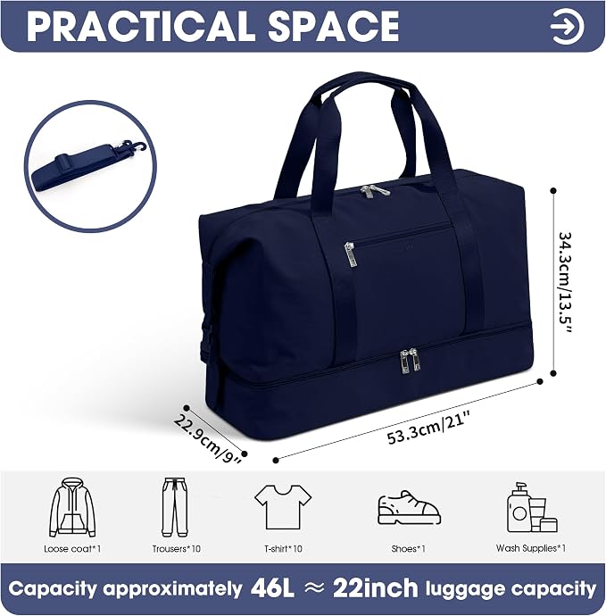 Oeihuivt Weekender Bags for Women - 21 Inch Large Travel Duffel Bag Set with Shoe Compartment, Heavy-Duty nylon Carry On Overnight Tote Blue - Image 3