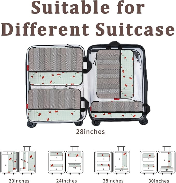 U+U 4 Set Compression Packing Cubes - Ultralight Travel Organizers, Space-Saving Suitcase Organizer, Expandable Packing Cubes for Travel, Business Trip and Family Vacation (Sage Green Cherry) - Image 6