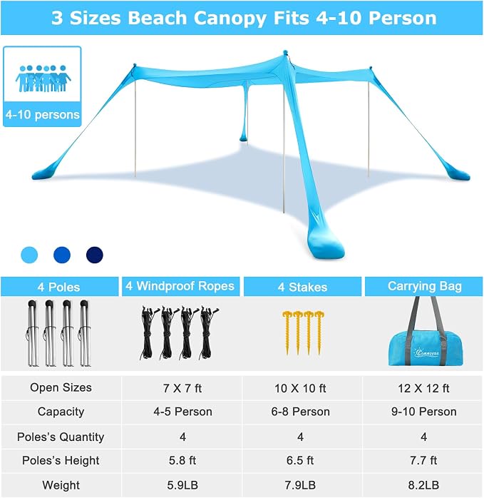 COMMOUDS Beach Tent Sun Shelter - UPF50+ Pop Up Beach Canopy with Sandbags & Sand Shovel & Windproof Poles, Portable Sun Shade for Beach, Camping, Picnics, Backyard - Image 2