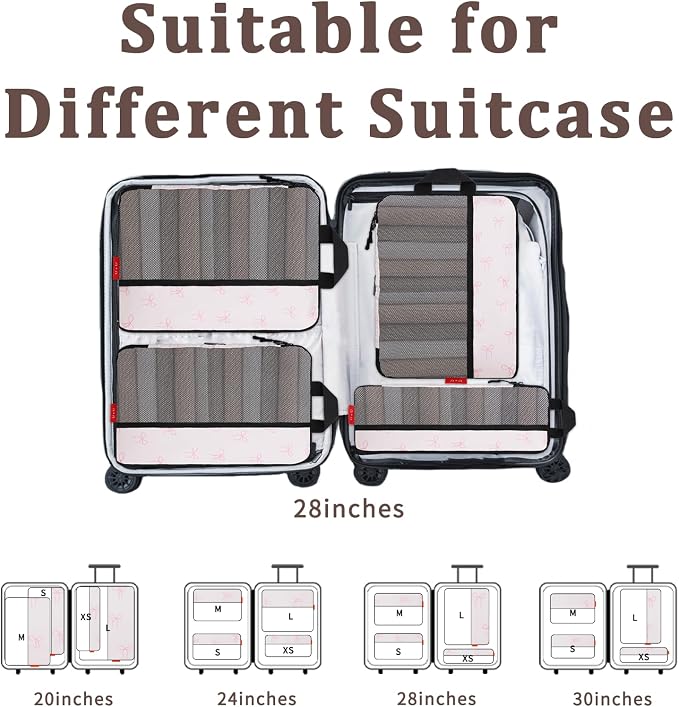 U+U 4 Set Compression Packing Cubes - Ultralight Travel Organizers, Space-Saving Suitcase Organizer, Expandable Packing Cubes for Travel, Business Trip and Family Vacation (Pink Bow) - Image 6